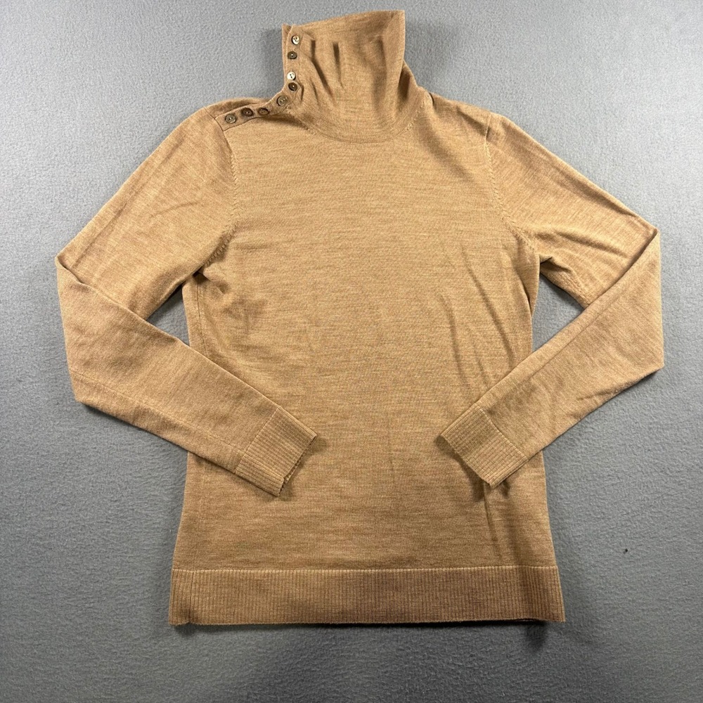 Brooks Brothers Camel Extra Fine Italian Merino Wool Button Shoulder Turtleneck